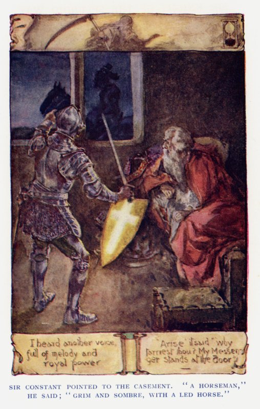 Sir Knight of the Splendid Way -kirjan kuvitus (värilitografia) tekijältä Joseph (after) Finnemore