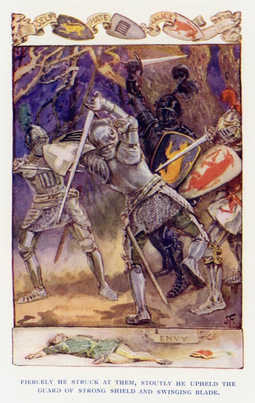 Sir Knight of the Splendid Way -kirjan kuvitus (värilitografia) tekijältä Joseph (after) Finnemore
