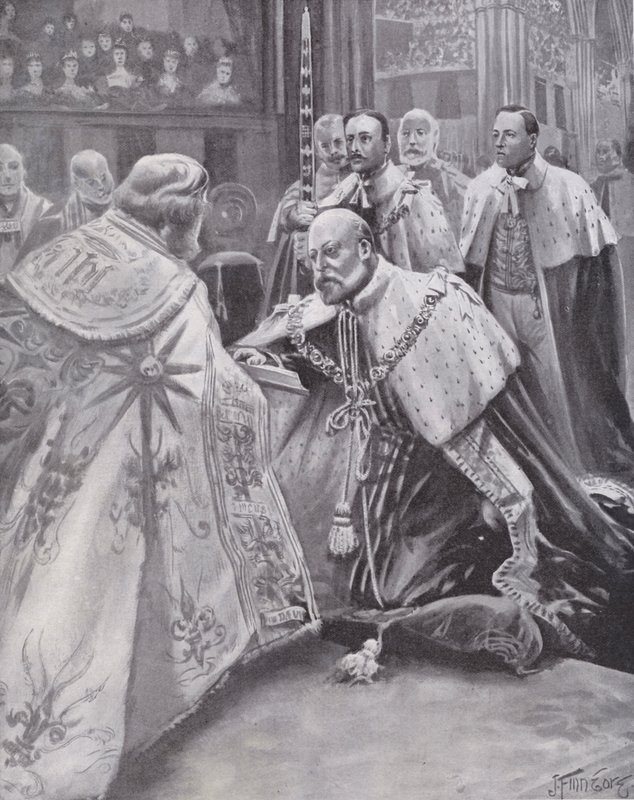 Kuningas Edward VII vannoi valan kruunajaisissaan Westminster Abbeyssa Lontoossa tekijältä Joseph (after) Finnemore
