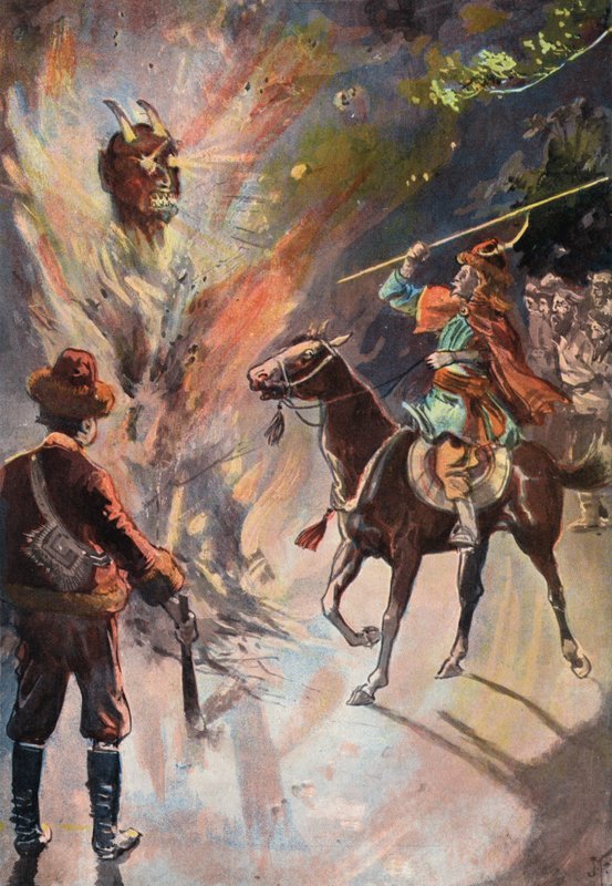 Robinson Crusoe: Hammaskivi-idolin tuhoaminen (väri litho) tekijältä Joseph (after) Finnemore