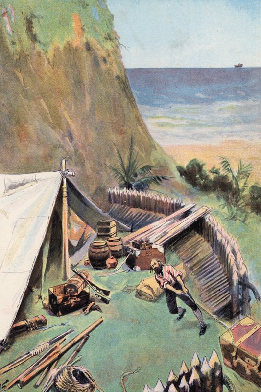 Robinson Crusoe: Kerään myymäläni (väri litho) tekijältä Joseph (after) Finnemore