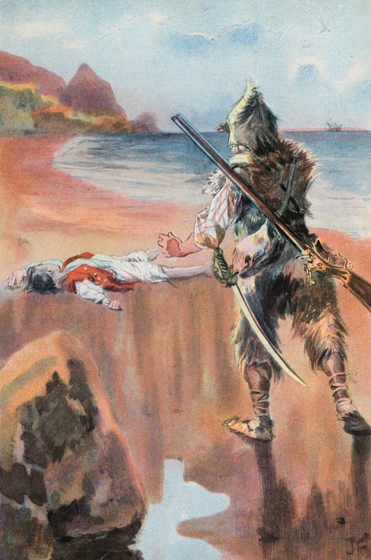 Robinson Crusoe: Löysin hukkuneen pojan (väri litho) tekijältä Joseph (after) Finnemore