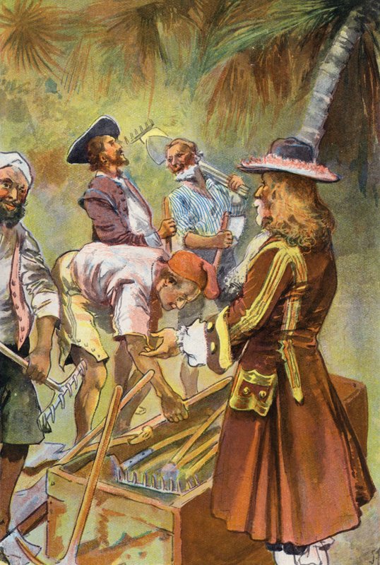 Robinson Crusoe: Annoin jokaiselle miehelle kaivulapion (väri litho) tekijältä Joseph (after) Finnemore