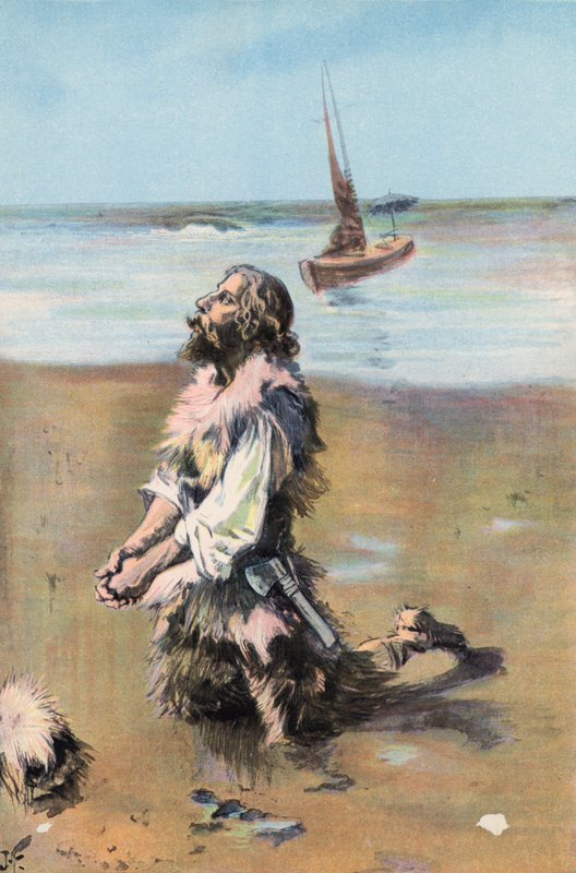 Robinson Crusoe: Kiitän vapautuksestani (väri litho) tekijältä Joseph (after) Finnemore