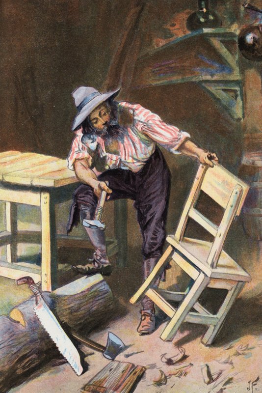 Robinson Crusoe: Teen pöydän ja tuolin (väri litho) tekijältä Joseph (after) Finnemore
