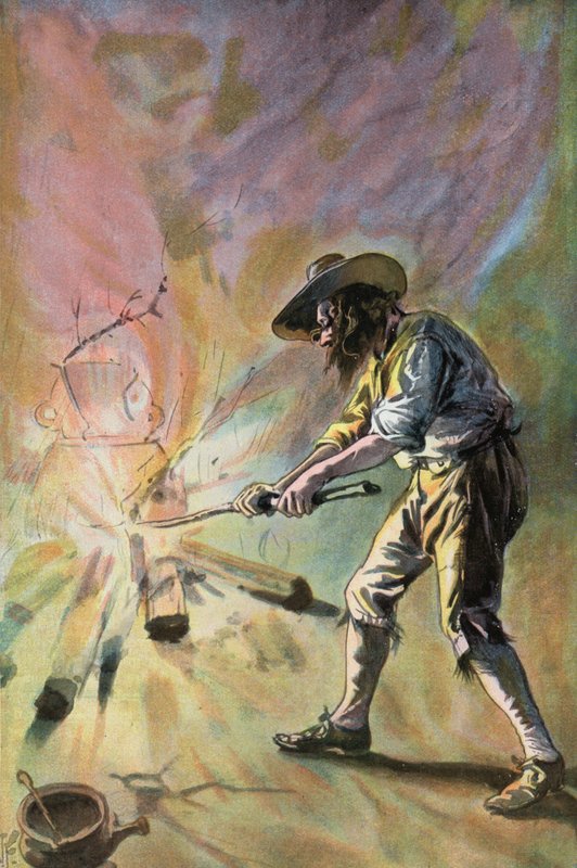 Robinson Crusoe: Teen ruukkuja (väri litho) tekijältä Joseph (after) Finnemore