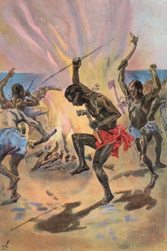 Robinson Crusoe: Näen villien tanssivan (väri litho) tekijältä Joseph (after) Finnemore