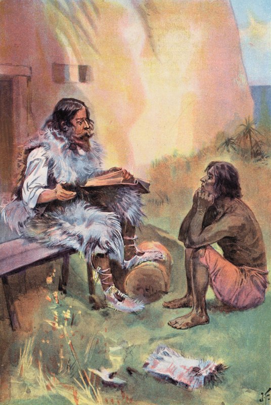Robinson Crusoe: Opetan perjantaita (väri litho) tekijältä Joseph (after) Finnemore