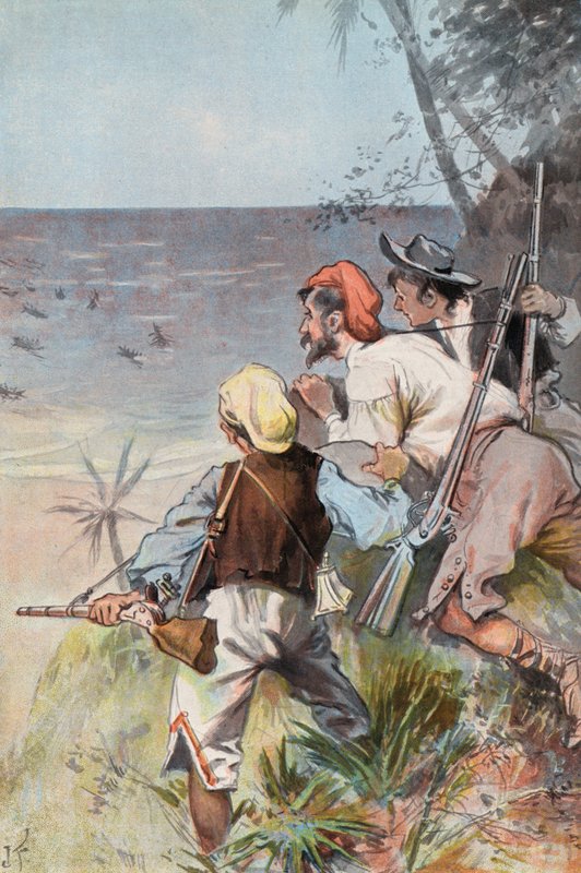 Robinson Crusoe: Villien valtaama (väri litho) tekijältä Joseph (after) Finnemore