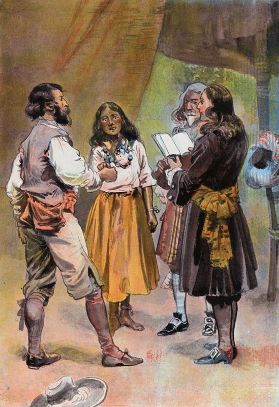 Robinson Crusoe: Will Atkinsin avioliitto (väri litho) tekijältä Joseph (after) Finnemore