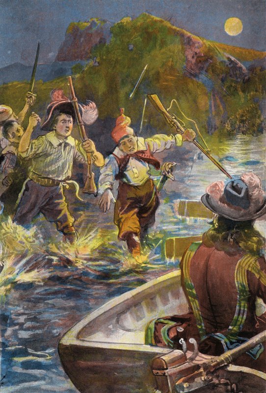 aRobinson Crusoe: Miehet ryntäävät veneille (väri litho) tekijältä Joseph (after) Finnemore