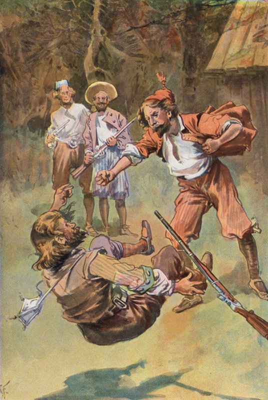 Robinson Crusoe: Espanjalainen kaatoi hänet yhdellä nyrkkiiskulla (väri litho) tekijältä Joseph (after) Finnemore
