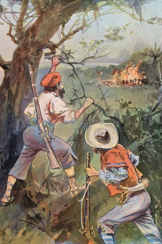 Robinson Crusoe: Mökit tulessa (väri litho) tekijältä Joseph (after) Finnemore
