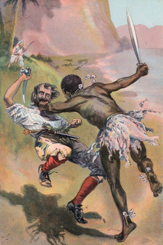 Robinson Crusoe: Villi (värilitho) hyökkää espanjalaisen kimppuun tekijältä Joseph (after) Finnemore