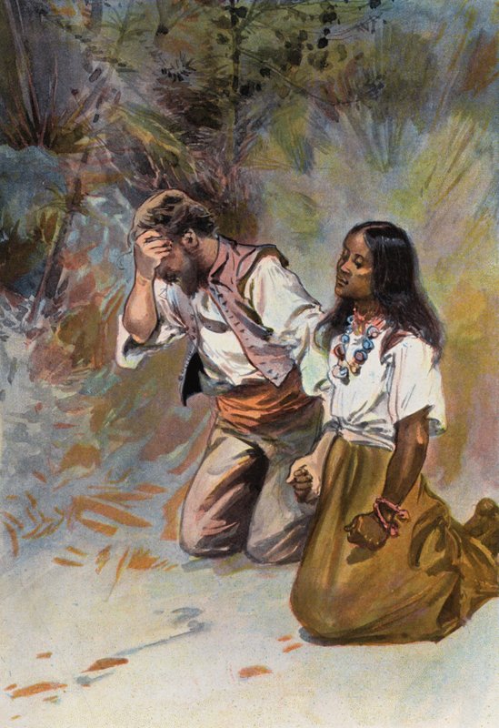 Robinson Crusoe: He molemmat polvistuivat yhteen (väri litho) tekijältä Joseph (after) Finnemore