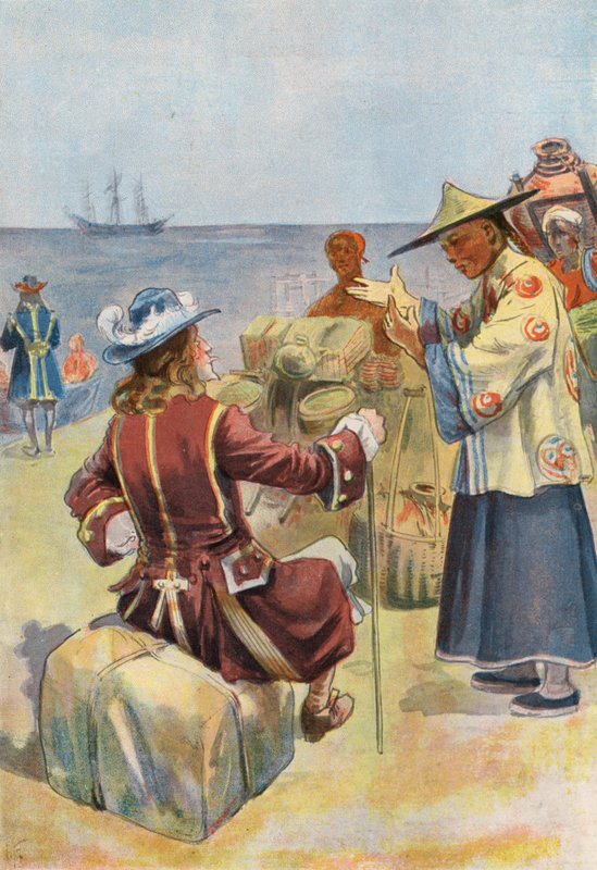 Robinson Crusoe: Kauppa kiinalaisten kauppiaiden kanssa (värilitho) tekijältä Joseph (after) Finnemore