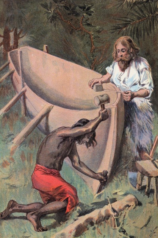 Robinson Crusoe: Teemme suuren veneen (väri litho) tekijältä Joseph (after) Finnemore