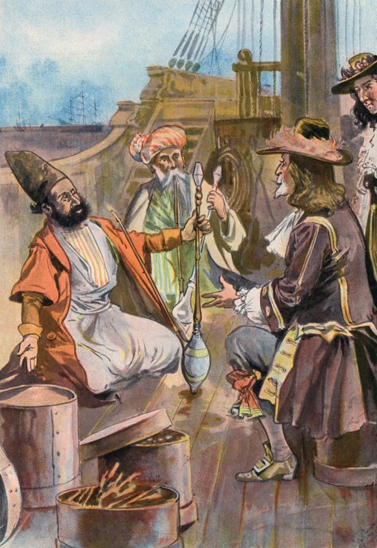 Robinson Crusoe: Myymme mausteemme persialaisille kauppiaille (värilitho) tekijältä Joseph (after) Finnemore