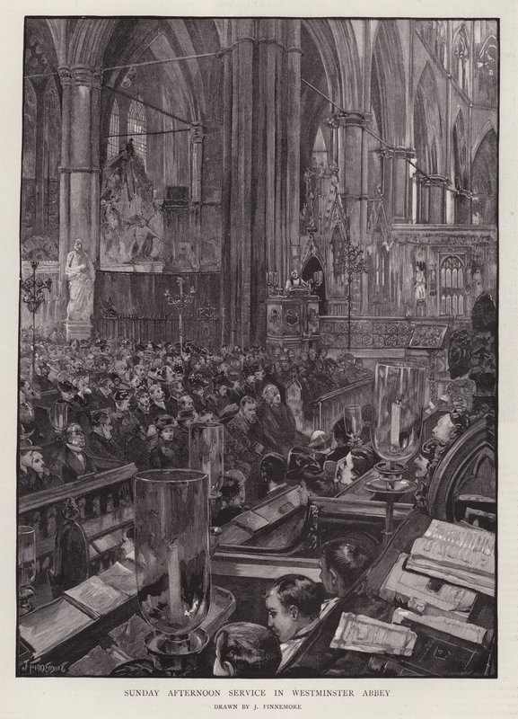 Sunnuntai-iltapäivän jumalanpalvelus Westminster Abbeyssa, Lontoossa (litho) tekijältä Joseph (after) Finnemore