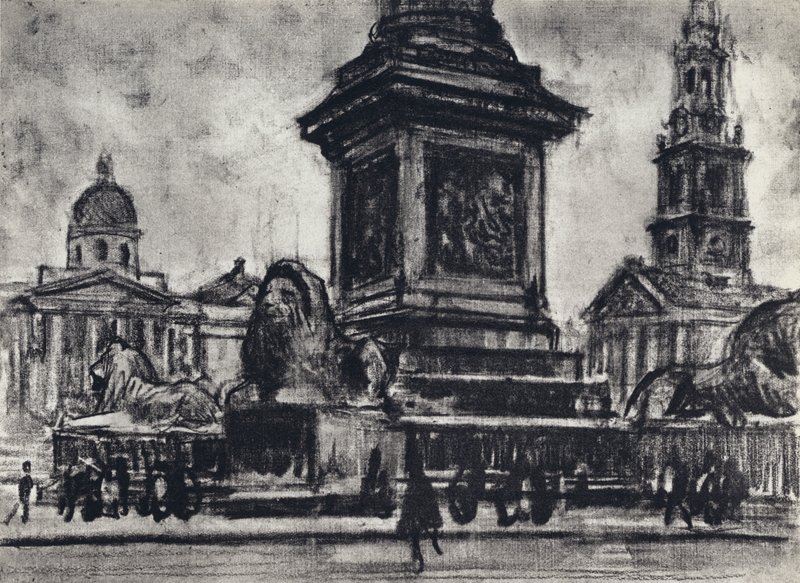 Lionit, Trafalgar Square (litho) tekijältä Joseph (after) Pennell