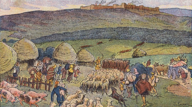 Bibracte, seppien asuttama kaupunki Galliassa ja turvapaikka vaara-aikoina (väri litho) tekijältä Joseph Beuzon