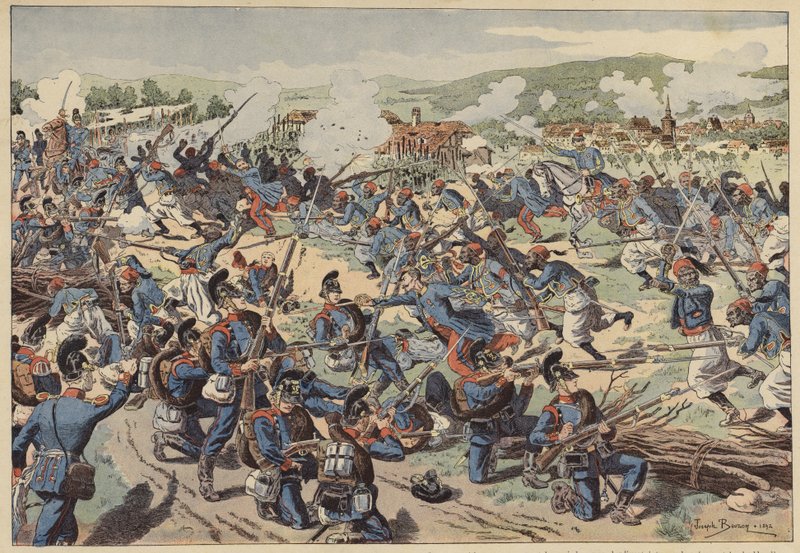 Wissembourgin taistelu, Ranskan ja Preussin sota, 4. elokuuta 1870 (väri litho) tekijältä Joseph Charles (after) Beuzon
