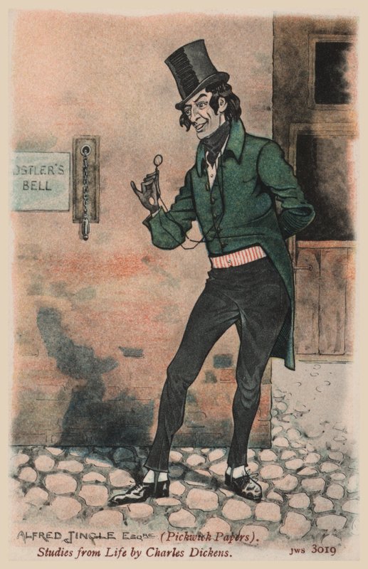 Alfred Jingle, Pickwick Papers (värilitografia). tekijältä Joseph Clayton  Clarke