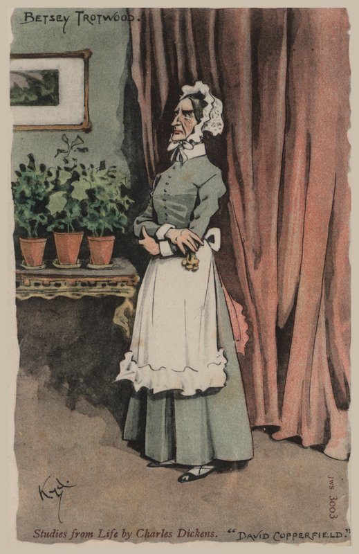 Betsey Trotwood, David Copperfield (värilitografia) tekijältä Joseph Clayton  Clarke
