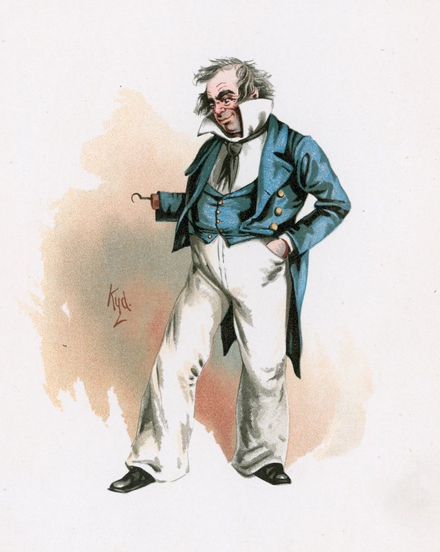 Kapteeni Cuttle, kuvitus artikkelista "Character Sketches from Charles Dickens", n. 1890 tekijältä Joseph Clayton Clarke