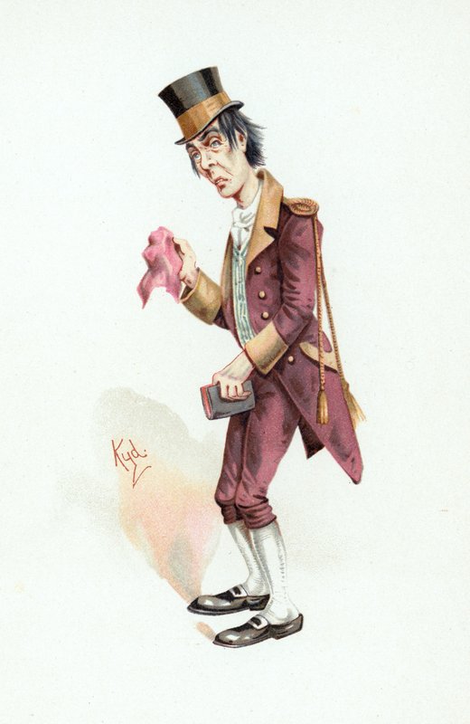 Job Trotter, kuvitus artikkelista "Character Sketches from Charles Dickens", n. 1890 tekijältä Joseph Clayton Clarke