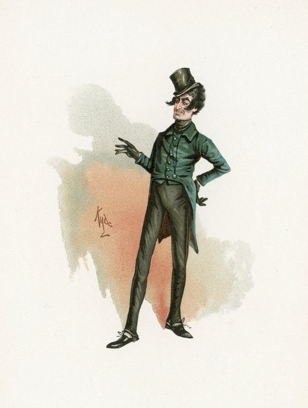 Herra Alfred Jingle, kuvitus artikkelista "Character Sketches from Charles Dickens", n. 1890 tekijältä Joseph Clayton Clarke