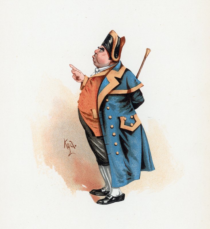 Mr. Bumble, kuvitus artikkelista "Character Sketches from Charles Dickens", n. 1890 (värilitho) tekijältä Joseph Clayton Clarke