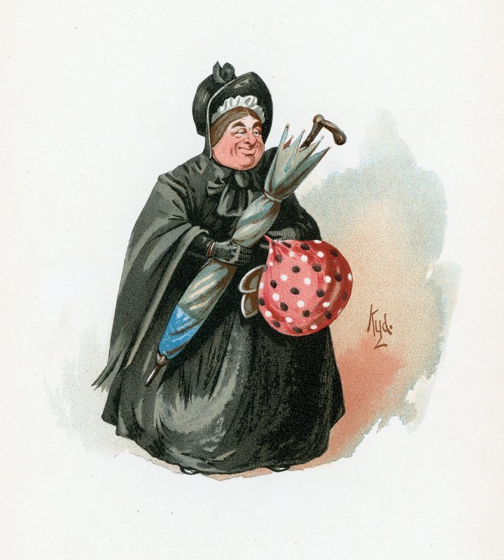 Rouva Gamp, kuvitus artikkelista "Character Sketches from Charles Dickens", n. 1890 tekijältä Joseph Clayton Clarke