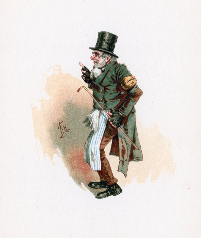 Trotty Veck, kuvitus artikkelista "Character Sketches from Charles Dickens", n. 1890 tekijältä Joseph Clayton Clarke