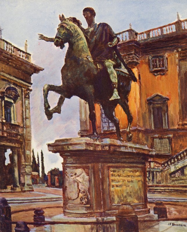 Rooma: Marcus Aureliuksen patsas, Piazza del Campidoglio (värilitografia). tekijältä Joseph Felix Bouchor