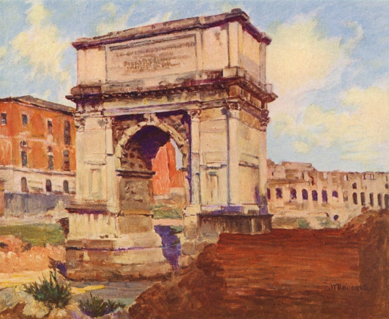 Rooma: Forum, Tituksen kaari, Colosseum (värilitografia). tekijältä Joseph Felix Bouchor