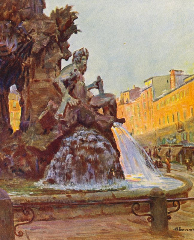 Rooma: Piazza Navona, Berninin suihkulähde (värilitografia). tekijältä Joseph Felix Bouchor