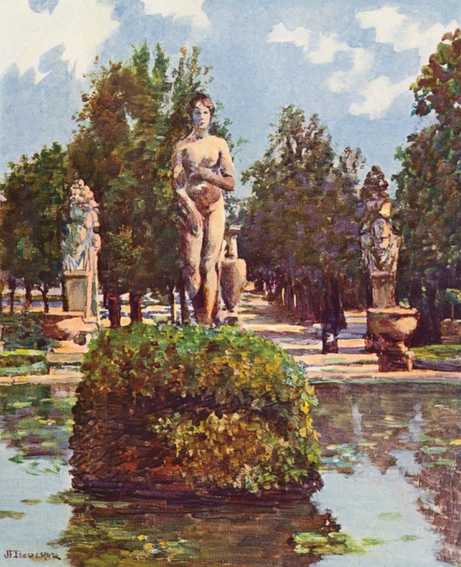 Rooma: Villa Borghese, Suuren altaan Venus (värilitografia). tekijältä Joseph Felix Bouchor