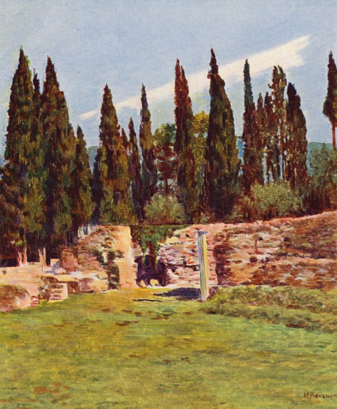 Rooma: Villa Hadriana, kreikkalaisen teatterin pylväs (värilitografia). tekijältä Joseph Felix Bouchor