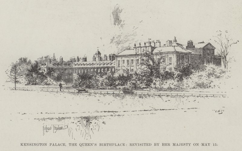 Kensingtonin palatsi, kuningattaren syntymäkoti, jossa hänen majesteettinsa vieraili 15. toukokuuta. tekijältä Joseph Holland Tringham