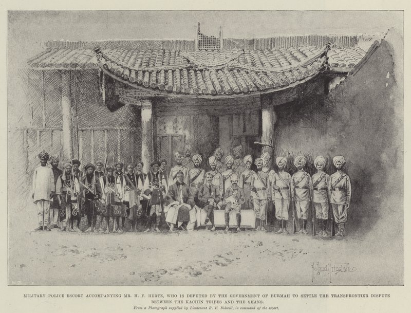 Sotilaspoliisin saattaja H. F. Hertzin mukana, jota Burman hallitus edustaa Kachin-heimojen ja shanien välisen rajat ylittävän kiistan ratkaisemisessa tekijältä Joseph Holland Tringham