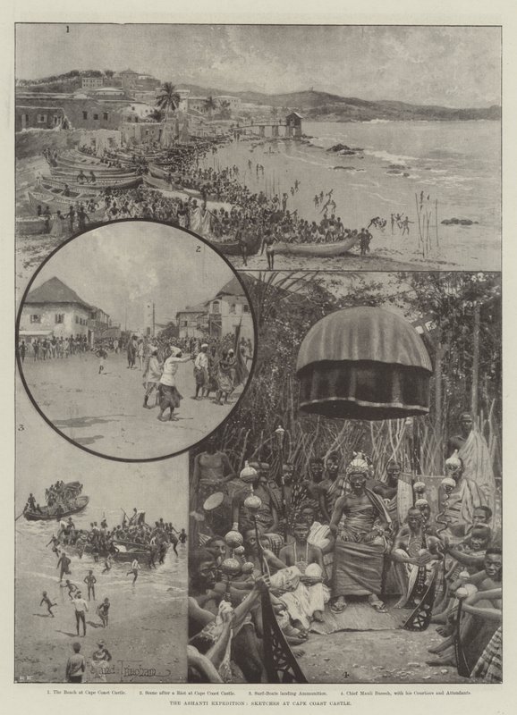 Ashanti-retkikunta, luonnoksia Cape Coastin linnassa tekijältä Joseph Holland Tringham