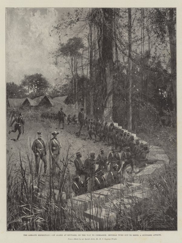 Ashanti Expedition, hälytys Ejuvassissa, matkalla Coomassieen, Houssat osoittautuvat torjuvaksi oletetun hyökkäyksen tekijältä Joseph Holland Tringham
