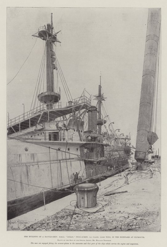 Taistelulaivan rakentaminen, HMS Ocean, kaksoisruuvi, 1. luokka, 12 950 tonnia, Plymouthin telakalla tekijältä Joseph Holland Tringham