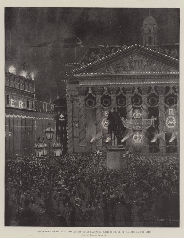 Coronation Illuminations kuninkaallisessa pörssissä, Englannin keskuspankki vasemmalla tekijältä Joseph Holland Tringham