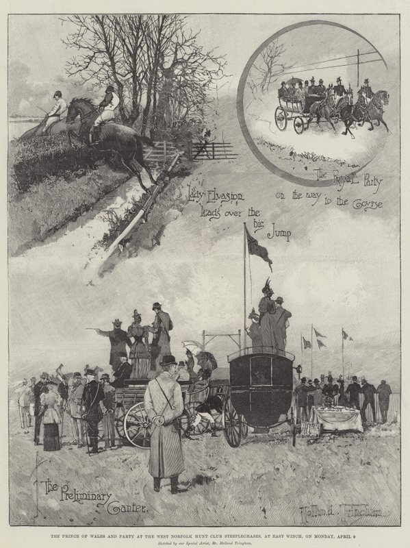Walesin prinssi ja juhlat West Norfolk Hunt Club Steeplechasesissa East Winchissä maanantaina 9. huhtikuuta tekijältä Joseph Holland Tringham