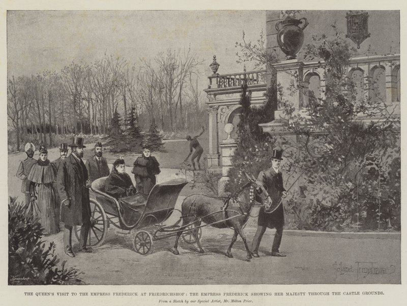 Kuningattaren vierailu keisarinna Frederickin luo Friedrichshofissa, keisarinna Frederick esittelee majesteettiaan linnan läpi tekijältä Joseph Holland Tringham