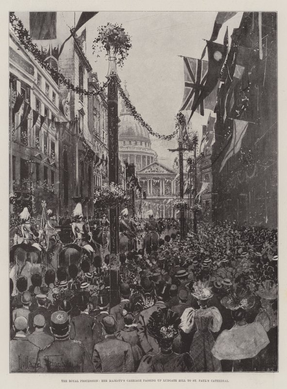 Kuninkaallinen kulkue, Hänen Majesteettinsa vaunut kulkevat Ludgate Hillillä St Paulin katedraaliin. tekijältä Joseph Holland Tringham