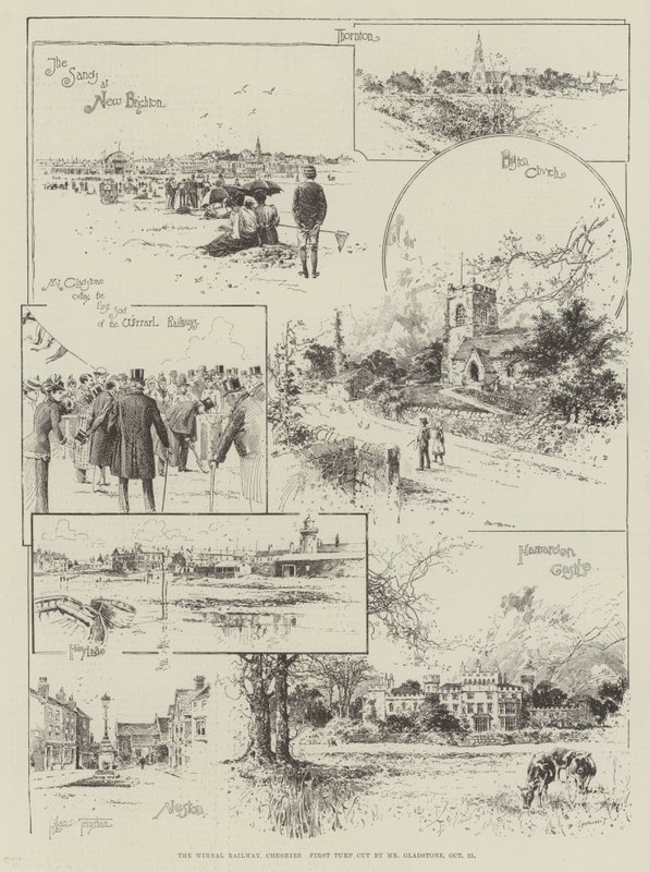 Wirral Railway, Cheshire, Gladstone leikkaa ensimmäisen kerran turvetta 21. lokakuuta. tekijältä Joseph Holland Tringham