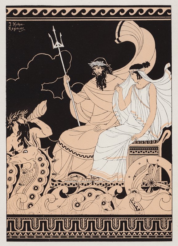 Poseidon ja Amphitrite (värilitografia) tekijältä Joseph Kuhn Regnier
